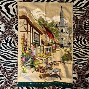 Vintage Handmade Embroidery Crewel English Countryside Tapestry 23”x 35”